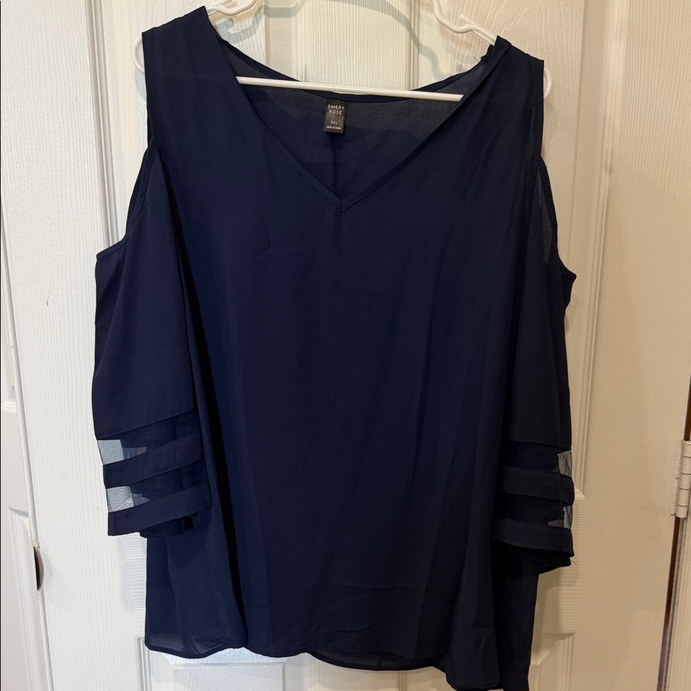Women's Navy Cold-Shoulder V-Neck Blouse with Sheer Sleeve Stripes